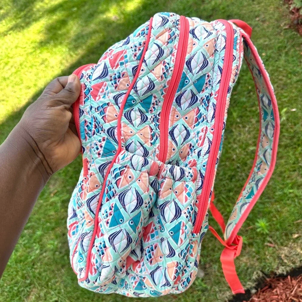 Vera Bradley Iconic Campus Quilted Cotton Backpack Go Fish Print Orange Blue